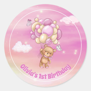 Sticker Rond 1er anniversaire Teddy Bear Ballons rose