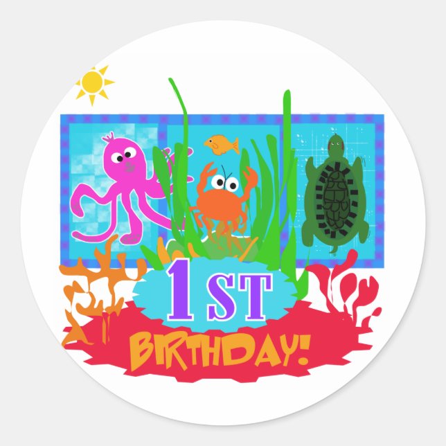 Sticker Rond 1ère Aventure sous-marine Tshirts d'anniversaire (Devant)