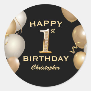 Sticker Rond 1ère fête d'anniversaire Ballons noirs et or