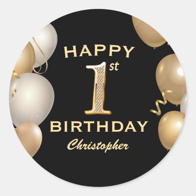 Sticker Rond 1ère fête d'anniversaire Ballons noirs et or (Devant)