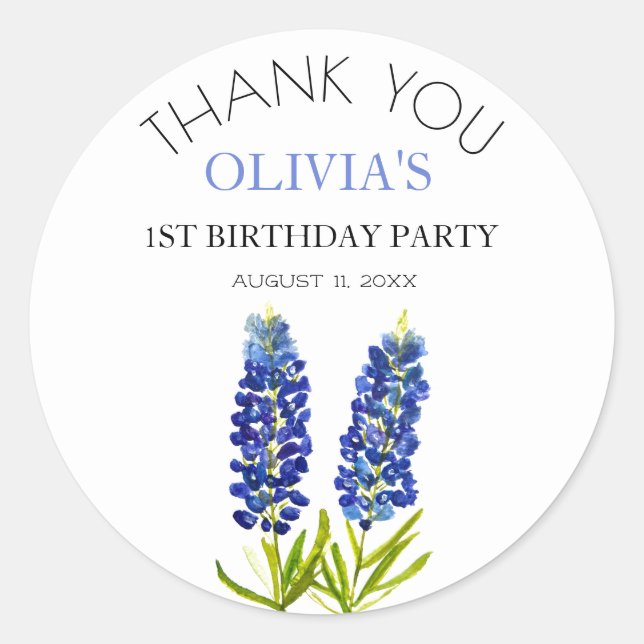 Sticker Rond 1ère fête d'anniversaire Bluebonnets Baby Girl (Devant)