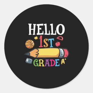 Sticker Rond 1st Grade Teacher Hello Première Grade Pencil