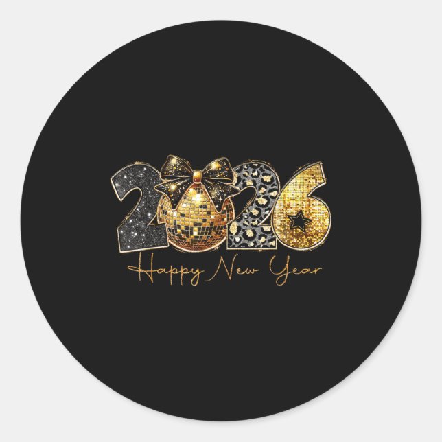 Sticker Rond 2026 Happy New Year Gold Disco Leopard Bow Coquett (Devant)