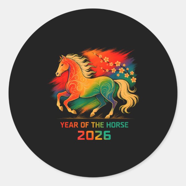 Sticker Rond 2026 Year Of The Horse Vibrant Zodiac Blossom Art  (Devant)