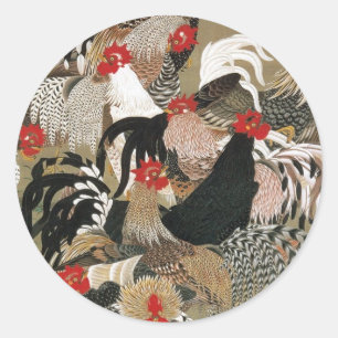 Sticker Rond 20. 群 鶏 図, 冲 Foule de coqs, Jakuchu