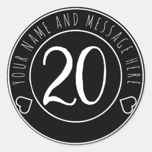 Sticker Rond 20e fête d'anniversaire Simple moderne noir et bla