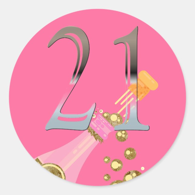 Sticker Rond 21e Anniversaire Champagne Rose Numéro d'Argent 21 (Devant)