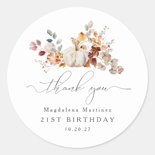 Sticker Rond 21e anniversaire Citrouille automne Merci de fleur (Devant)