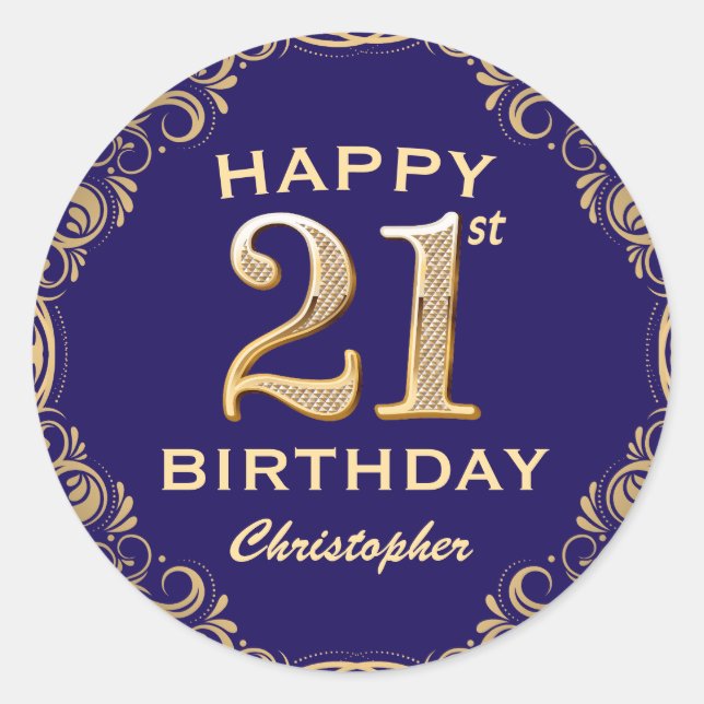 Sticker Rond 21e anniversaire de la Parties scintillant bleu et (Devant)