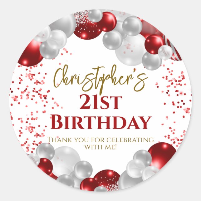 Sticker Rond 21e Anniversaire Merci des Ballons rouges (Devant)