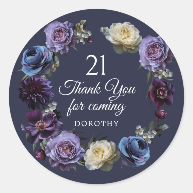 Sticker Rond 21e anniversaire Moody Purple Flower Merci Favor (Devant)