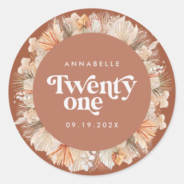 Sticker Rond 21e anniversaire pampas botanique herbe terre cuit (Devant)