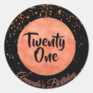Sticker Rond 21e anniversaire rose en or confetti sur noir
