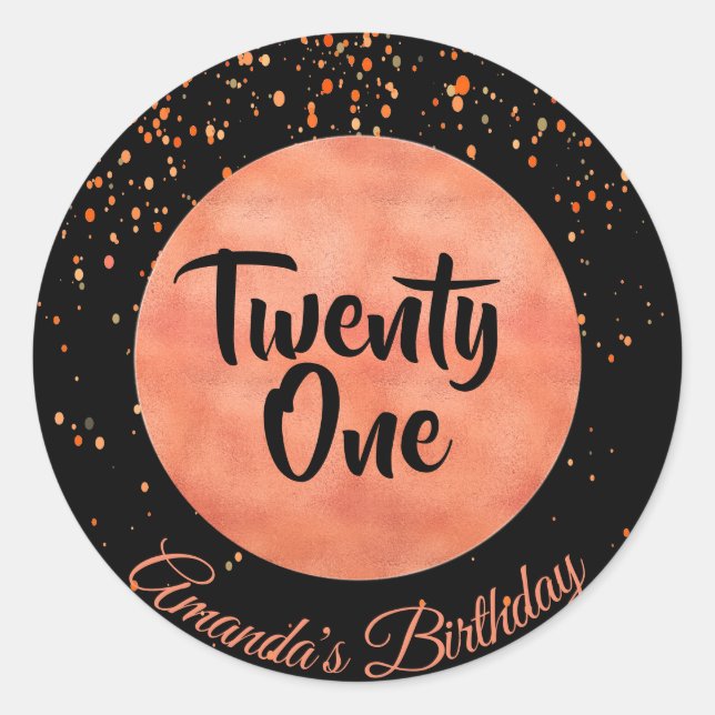 Sticker Rond 21e anniversaire rose en or confetti sur noir (Devant)