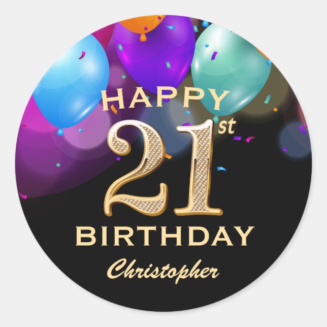 Sticker Rond 21e fête d'anniversaire Ballons Noir et Or (Devant)