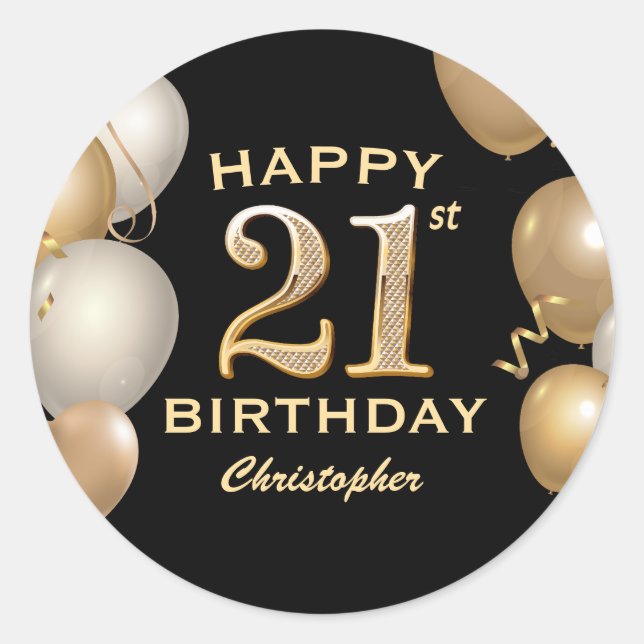 Sticker Rond 21e fête d'anniversaire Ballons Noir et Or (Devant)