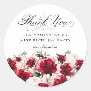 Sticker Rond 21e fête d'anniversaire Merci floral rose rouge