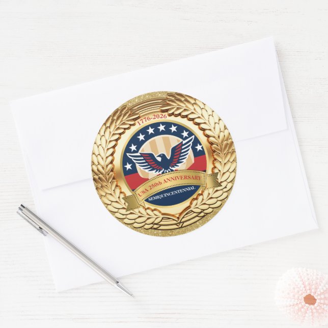 Sticker Rond 250th Anniversary USA Patriotic | 1776–2026 (Enveloppe)