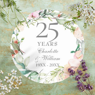 Sticker Rond 25 ans Argent Mariage Anniversaire Rose Floral