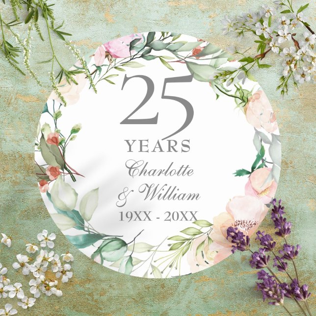 Sticker Rond 25 ans Argent Mariage Anniversaire Rose Floral (25 Years Silver Wedding Anniversary Roses Floral Classic Round Sticker)