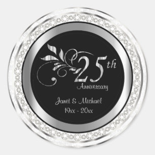 Sticker Rond 25e anniversaire du Mariage d'argent - Damas blanc