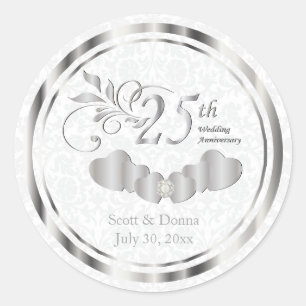 Sticker Rond 25e anniversaire du Mariage d'argent - Damas blanc
