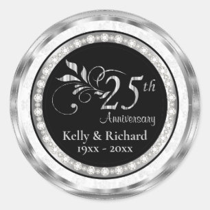 Sticker Rond 25e anniversaire du Mariage d'argent - Damas blanc