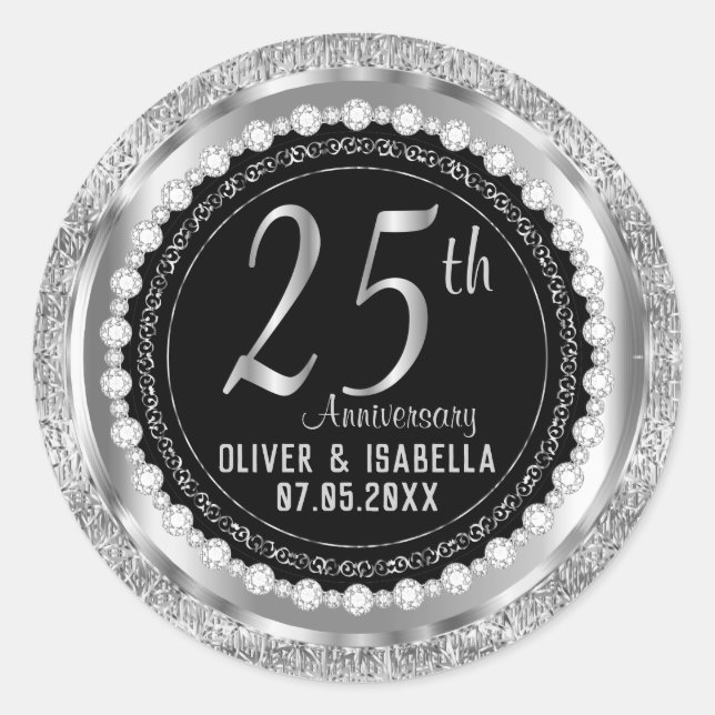 Sticker Rond 25e anniversaire en métallisé argent et noir (Devant)
