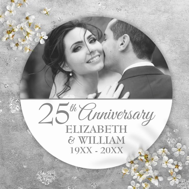 Sticker Rond 25e anniversaire Mariage d'argent Photo Elégant (25th Silver Wedding Anniversary Photo Elegant Classic Round Sticker)
