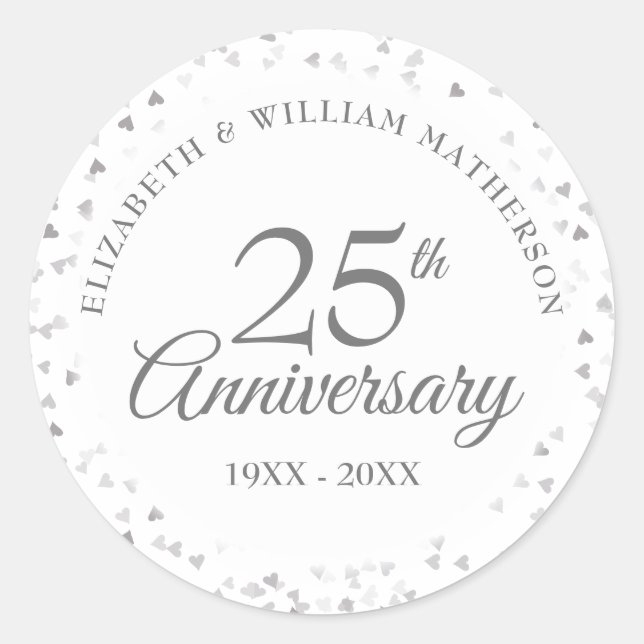 Sticker Rond 25e anniversaire Silver Love Hearts Confetti (Devant)