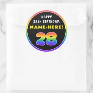 Sticker Rond 28e anniversaire : Arc-en-ciel coloré # 28, Nom pe