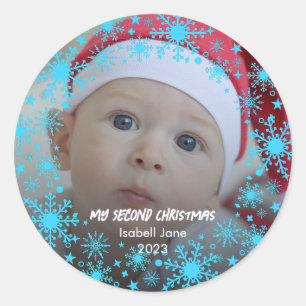 Sticker Rond 2e Flocon de neige bleu de Noël du bébé
