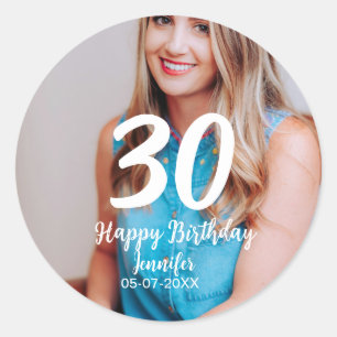 Sticker Rond 30e anniversaire ajouter nom date année photo blan