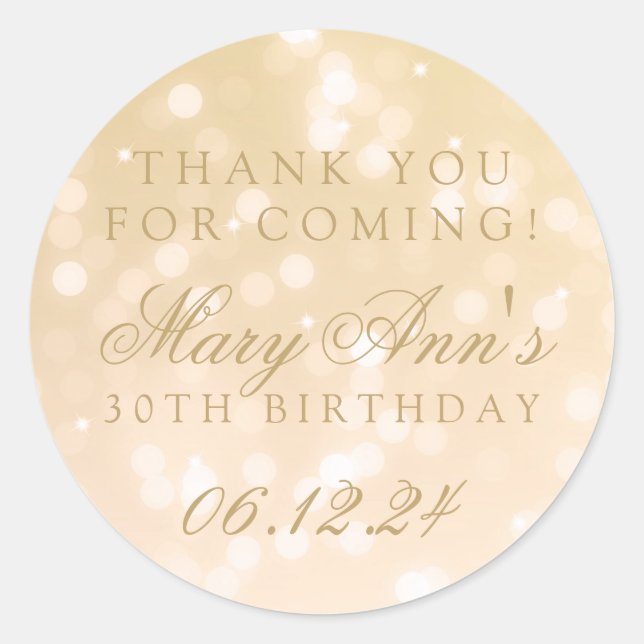 Sticker Rond 30e anniversaire Merci Gold Bokeh éclairs (Devant)