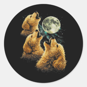 Sticker Rond 3 chiens Golden Doodle hurlant Lune drôle mignonne