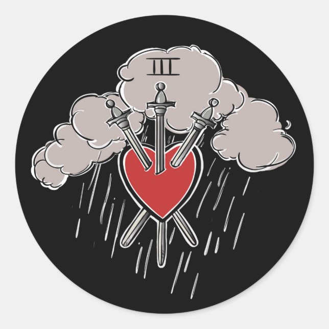 Sticker Rond 3 d'épées Love Heart Tarot Illustration Trois (Devant)