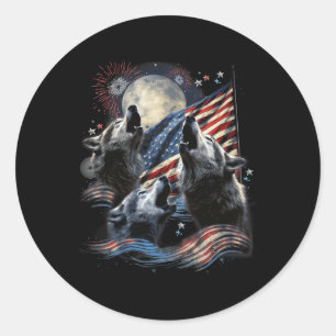 Sticker Rond 3 Lune de loup 4 juillet Drapeau américain hurlant
