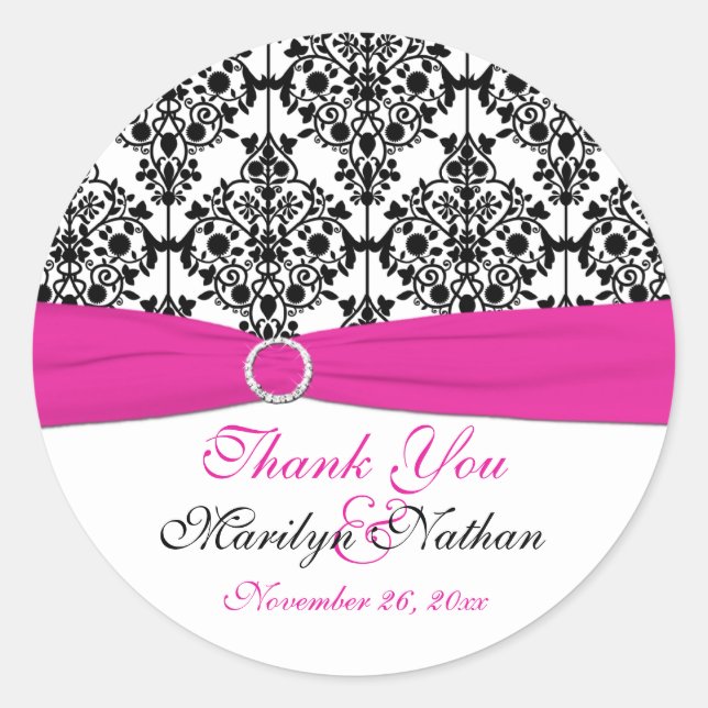 Sticker rond 3 pouces rose, blanc et noir Damask (Devant)