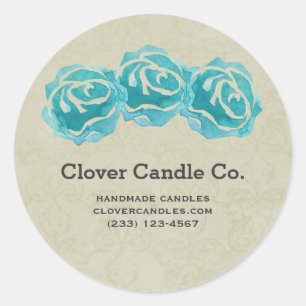 Sticker Rond 3 Roses Turquoises d'aquarelle sur Tan Damask Busi