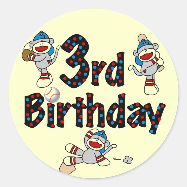 Sticker Rond 3ème anniversaire du baseball de singe de soie (Devant)
