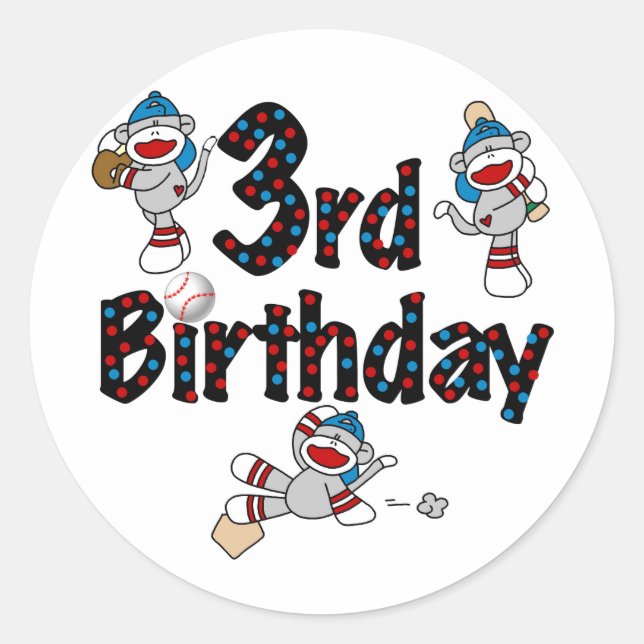 Sticker Rond 3ème anniversaire du baseball de singe de soie (Devant)