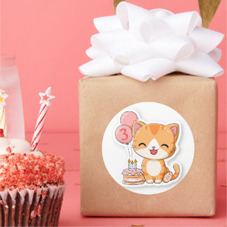 Sticker Rond 3rd Birthday, Kitten w Balloons & Cake,