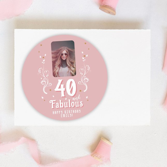 Sticker Rond 40 et Fabulous Foliage rose photo 40e anniversaire (Créateur téléchargé)