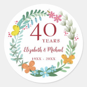 Sticker Rond 40e Anniversaire de Mariage Papillon Floral Rubis