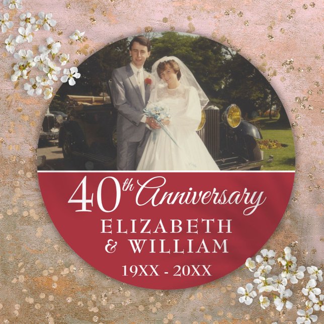Sticker Rond 40e anniversaire du Mariage Photo Elegant Ruby (40th Wedding Anniversary Photo Elegant Ruby Classic Round Sticker)