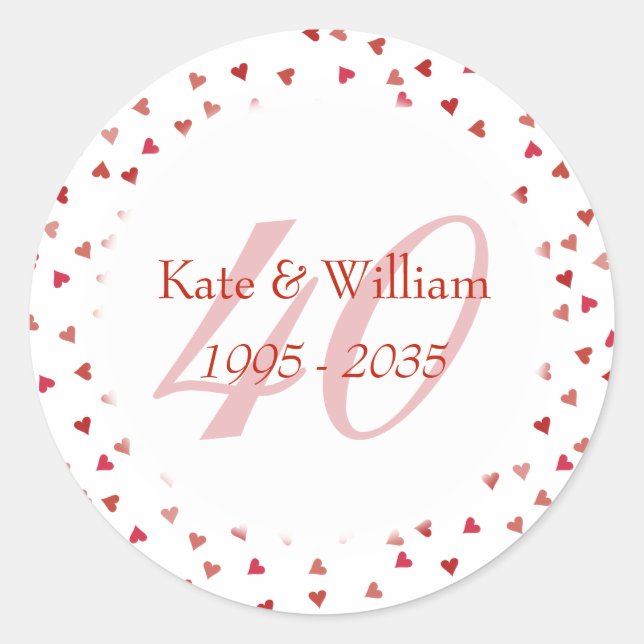Sticker Rond 40e anniversaire du Mariage Ruby Hearts Confetti (Devant)
