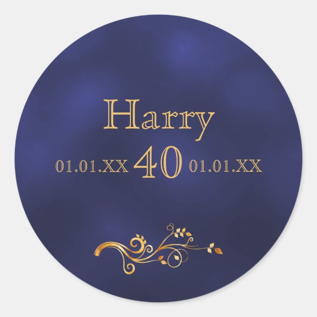 Sticker Rond 40e anniversaire élégant bleu foncé et or (Devant)