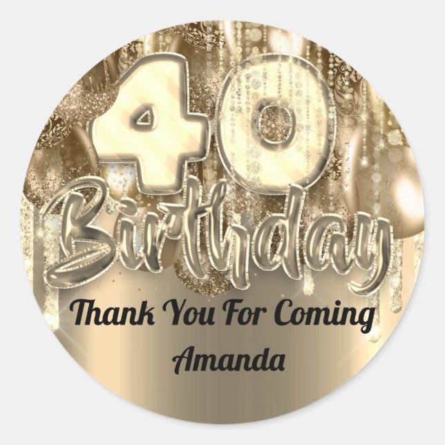 Sticker Rond 40e anniversaire GOLD BALLONS Merci pour venir (Devant)