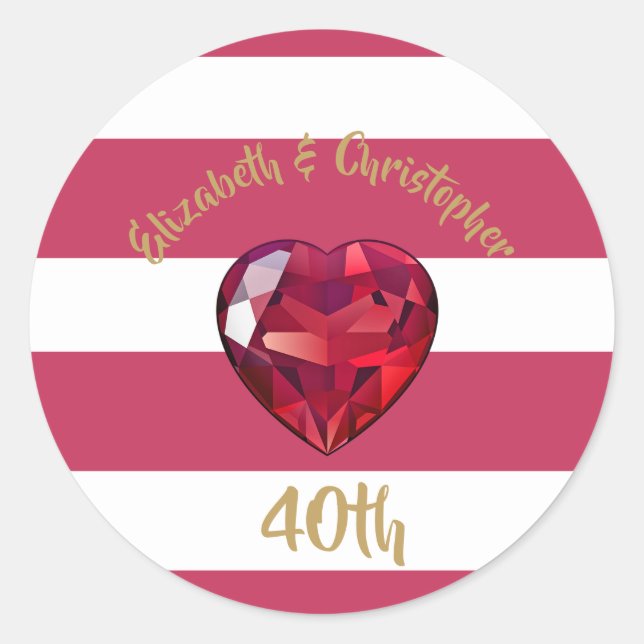 Sticker Rond 40e anniversaire Mariage rouge rayé élégant (Devant)