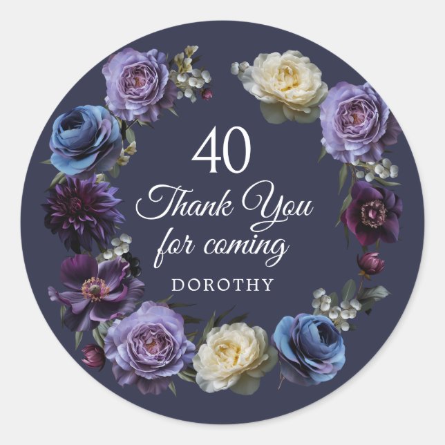 Sticker Rond 40e anniversaire Moody Purple Flower Merci Favor (Devant)